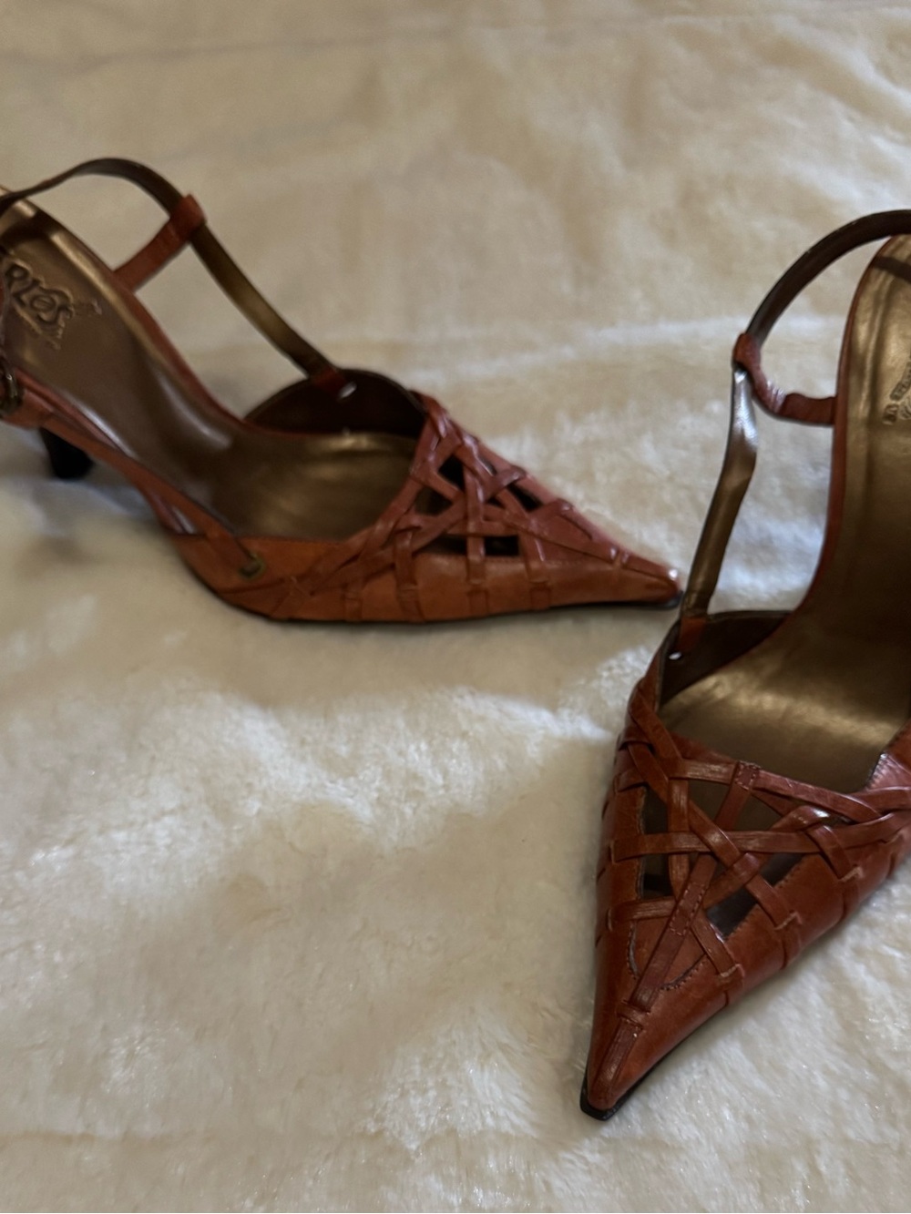 Carlos Santana Woven Pointed-Toe Slingback Heels in Cognac